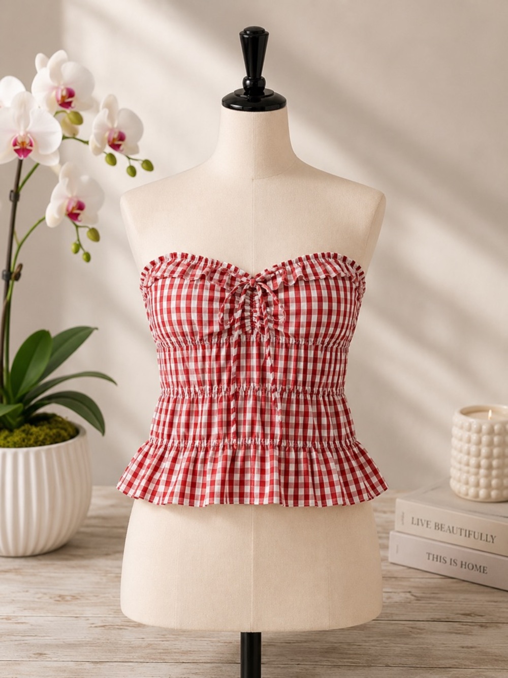 Rebellious One Red & White Gingham Strapless Tank Top in size S